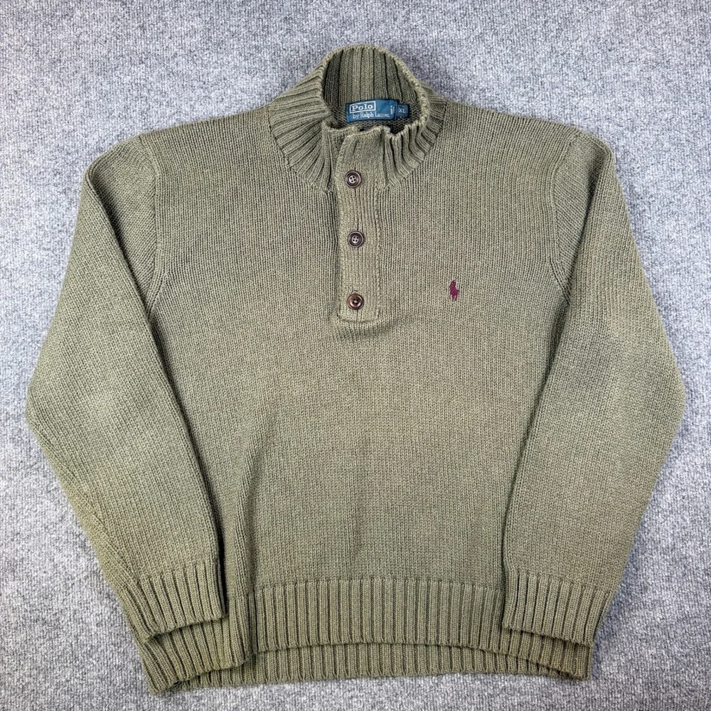 Vintage Polo Ralph Lauren Sweater Mens XL Green 1/4 Zip 4 Button Military Pony
